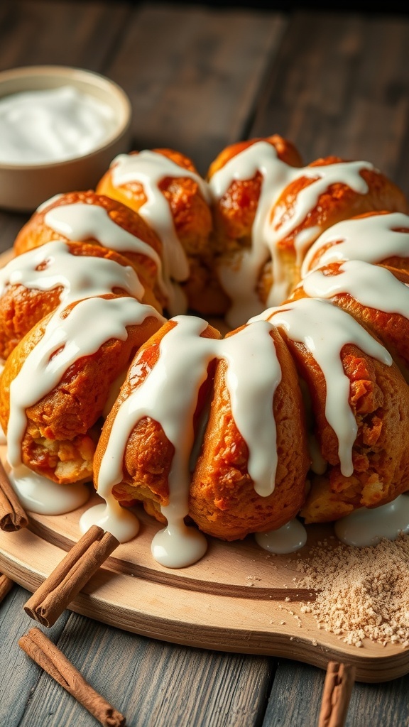 Rich and Sticky Monkey Bread Recipe Golden brown monkey bread with heavy cream glaze, served on a wooden table with cinnamon sticks.